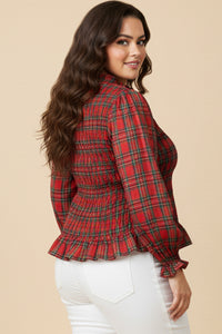 Plaid Ruffle Neck Smocked Body Top
