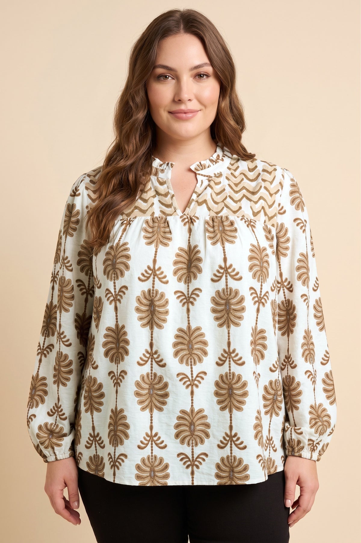 Contrast Yolk Open Collar Long Sleeve Top