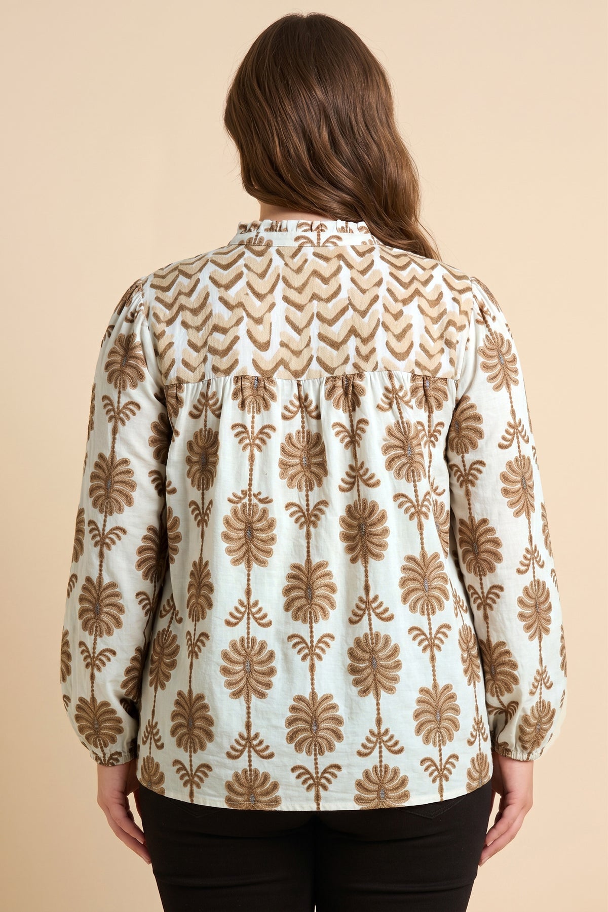 Contrast Yolk Open Collar Long Sleeve Top