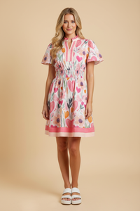 Floral Print Contrast Banded Poplin Dress