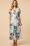 V Neck Smocked Textured Floral Dress