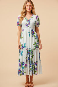 V Neck Smocked Textured Floral Dress