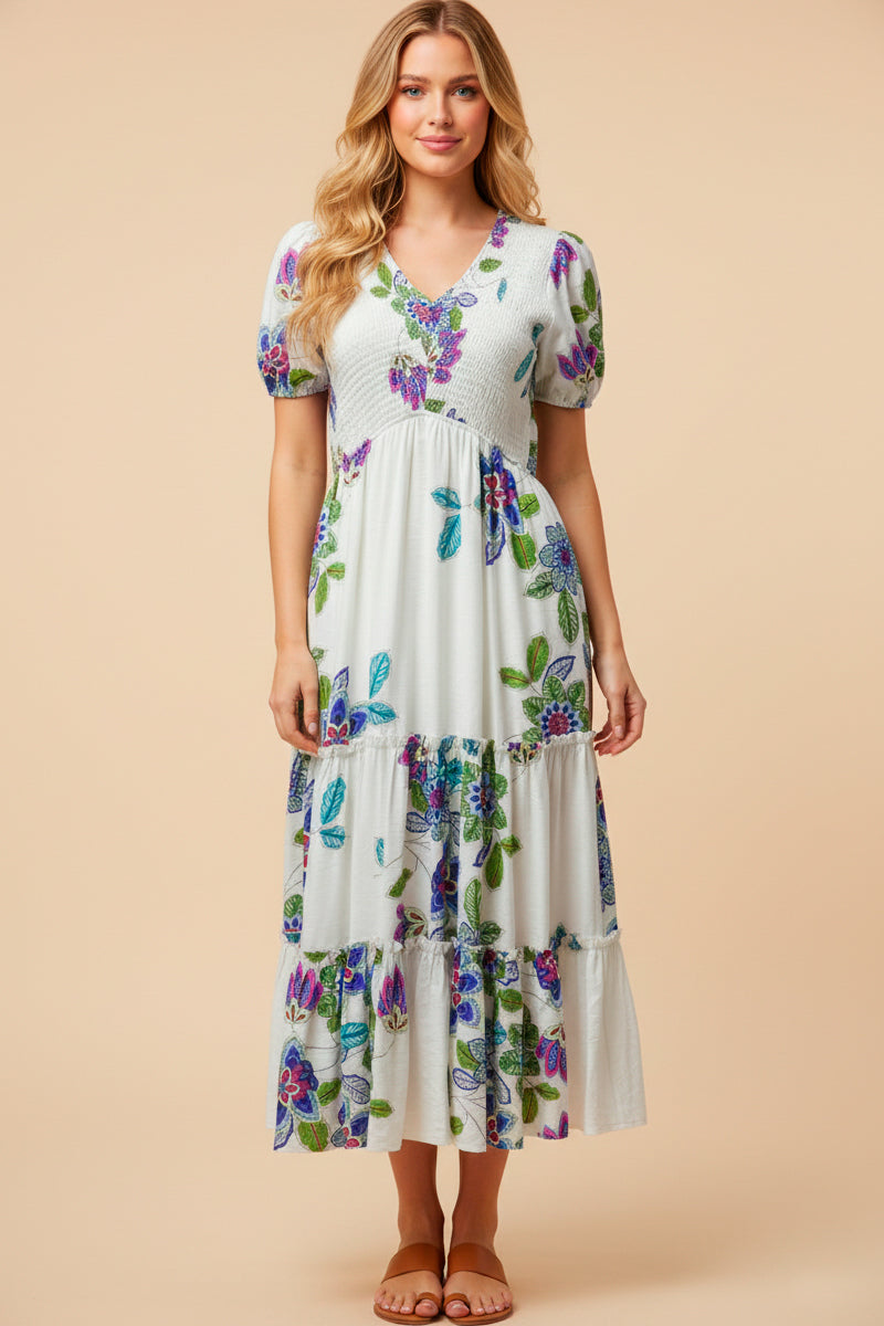 V Neck Smocked Textured Floral Dress