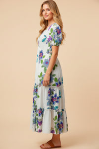 V Neck Smocked Textured Floral Dress