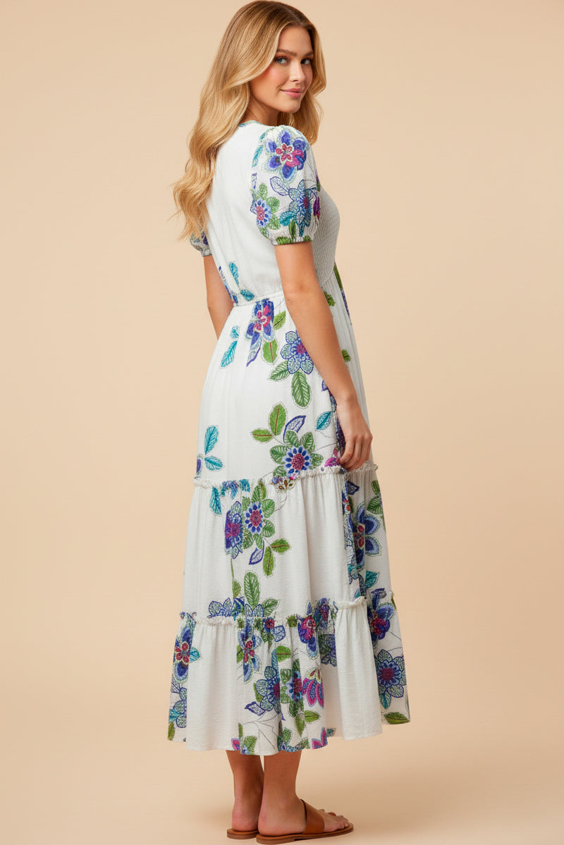 V Neck Smocked Textured Floral Dress