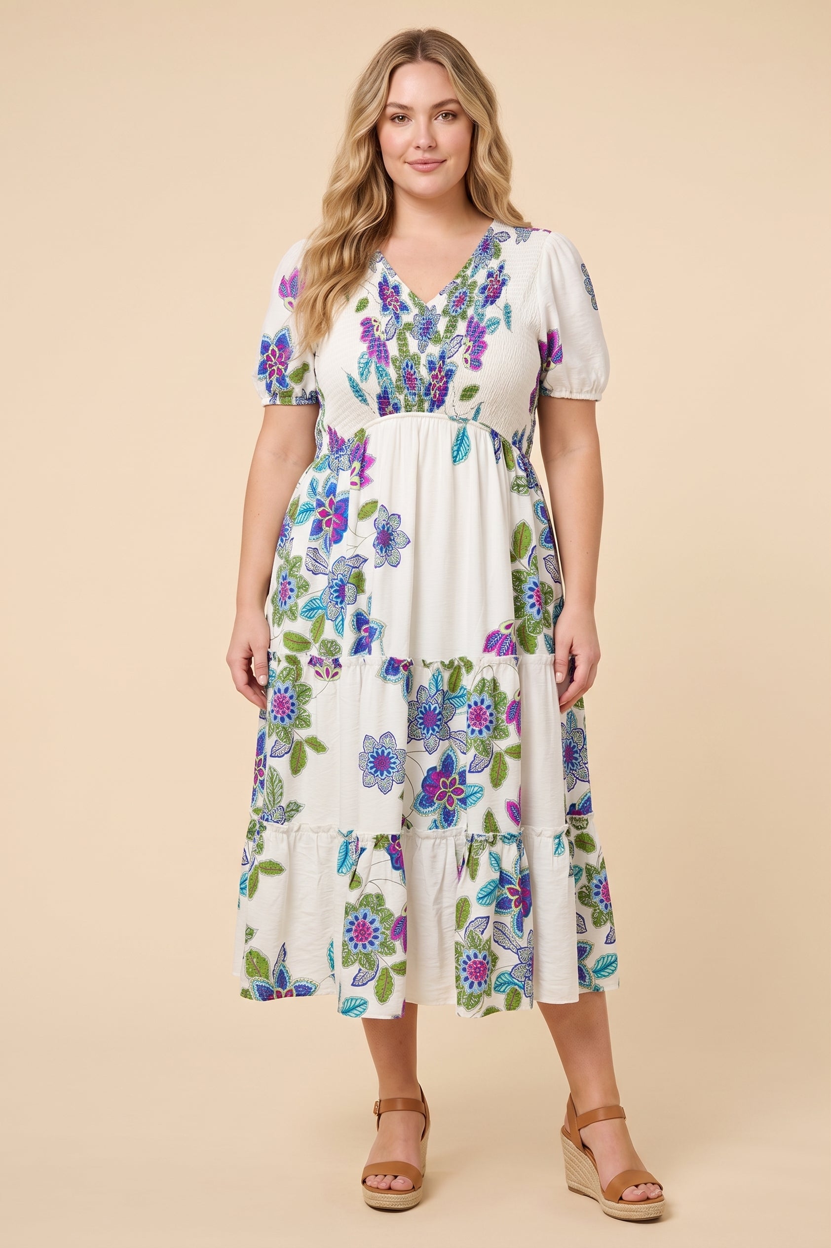 V Neck Smocked Textured Floral Dress