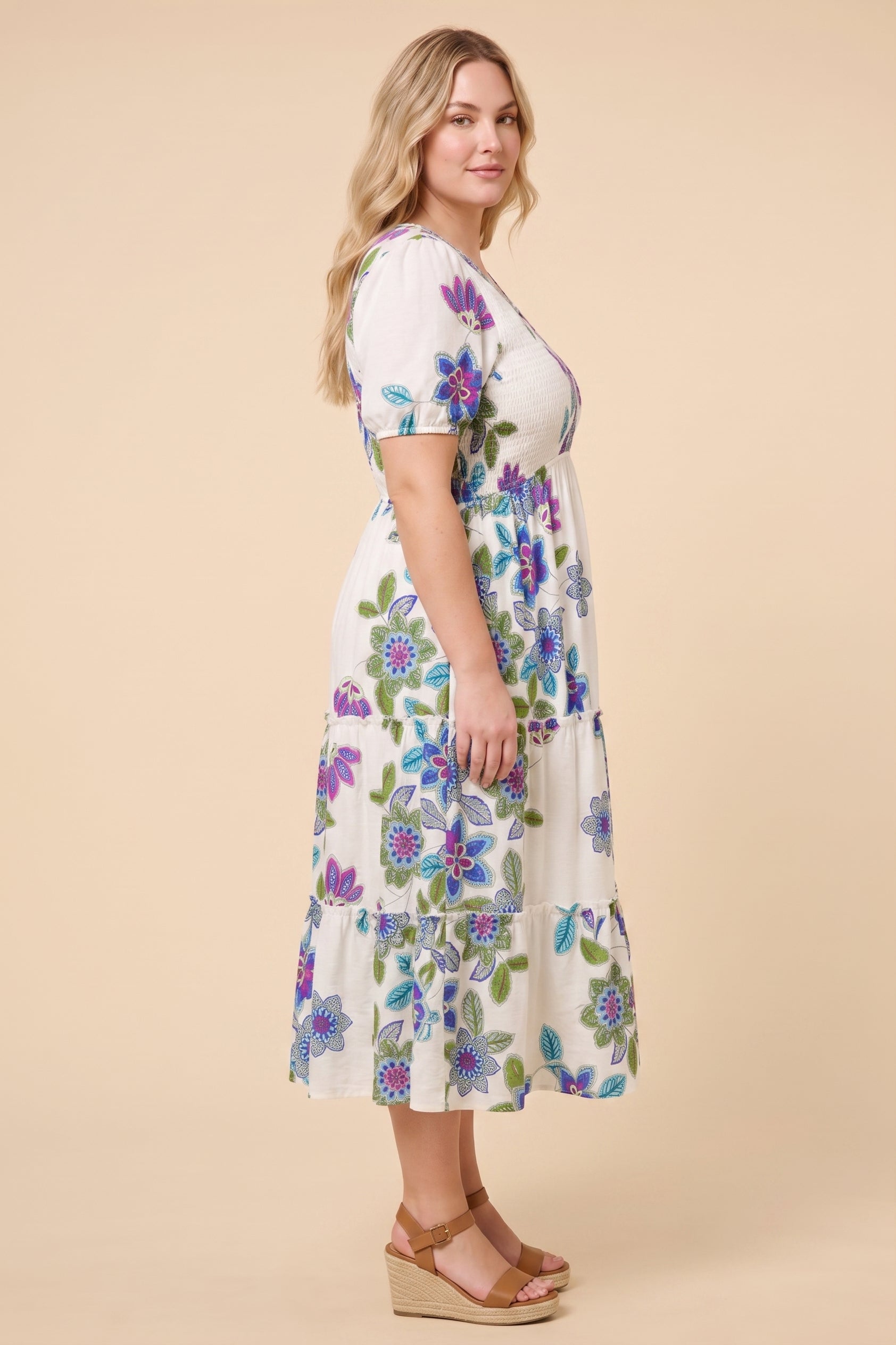 V Neck Smocked Textured Floral Dress