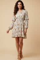Crinkled Fern Print Smocked Waist Dress