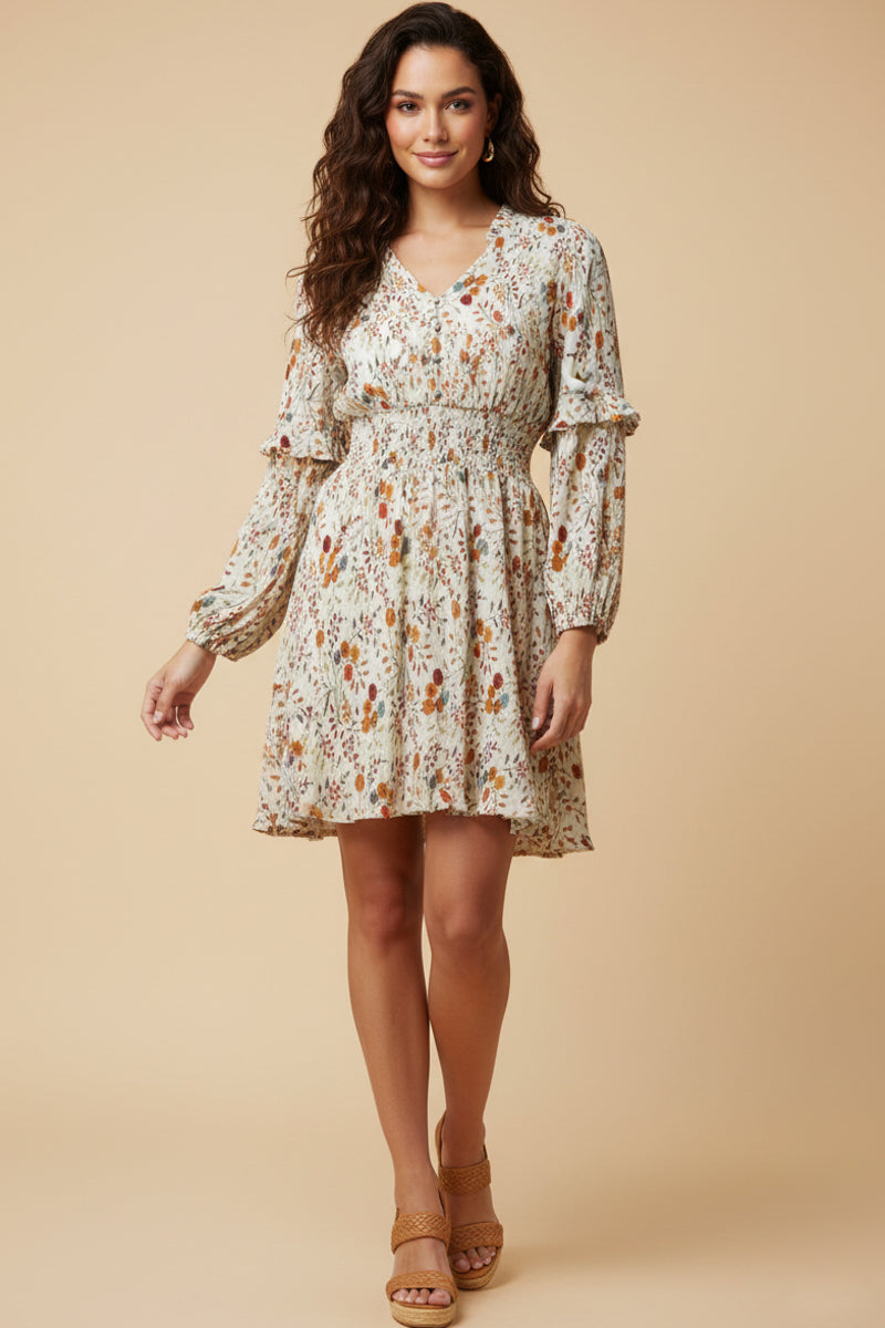 Crinkled Fern Print Smocked Waist Dress