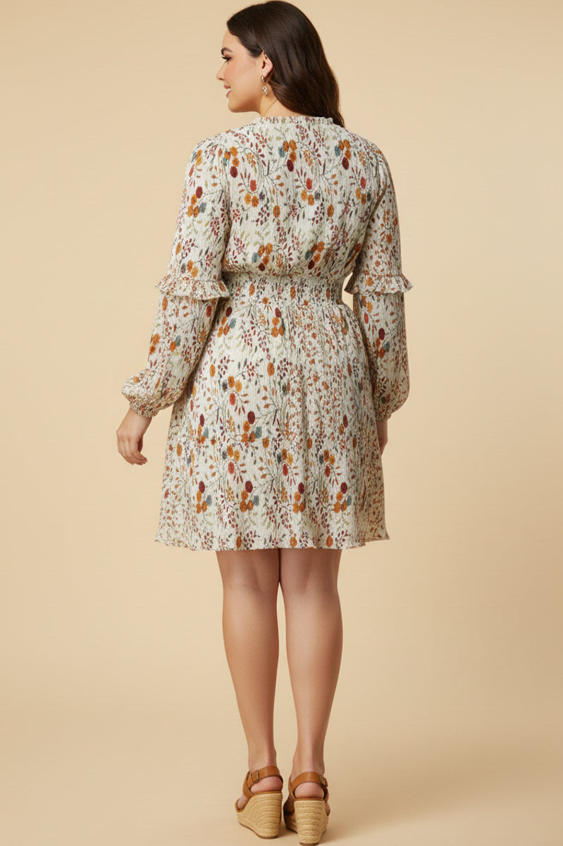 Crinkled Fern Print Smocked Waist Dress