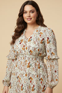 Crinkled Fern Print Smocked Waist Dress