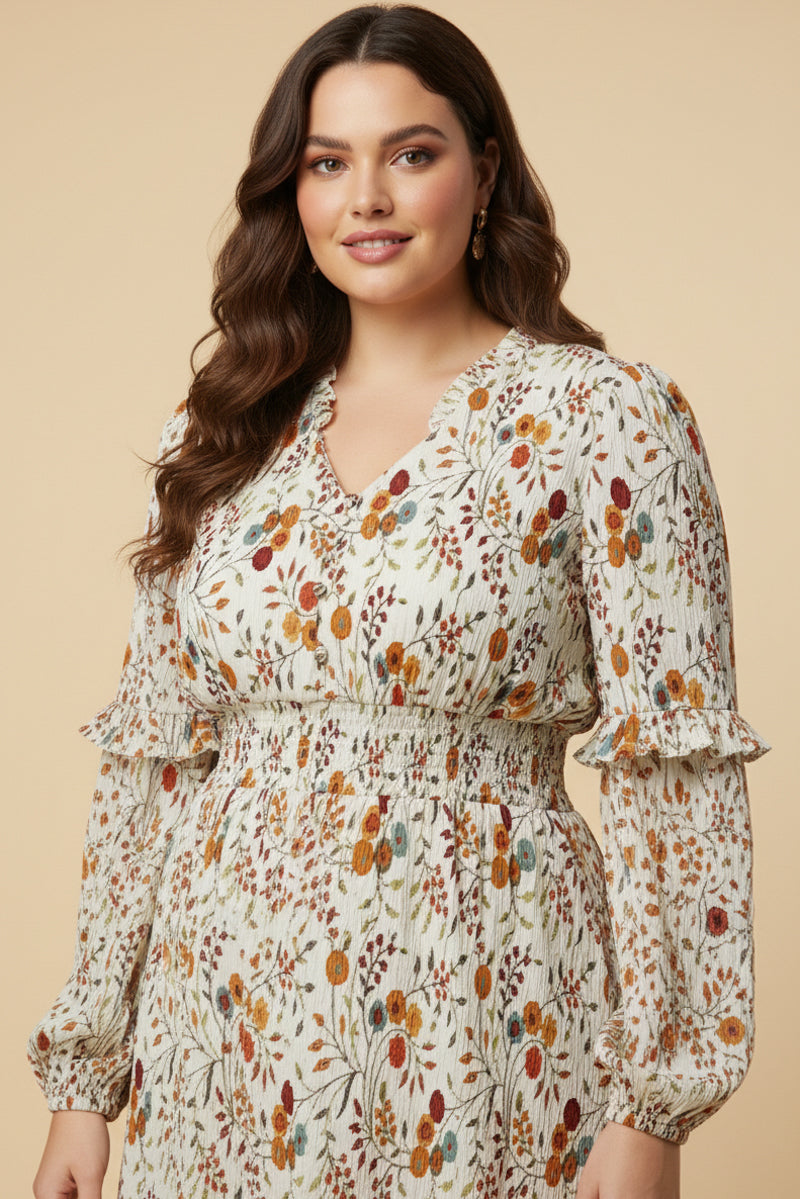 Crinkled Fern Print Smocked Waist Dress
