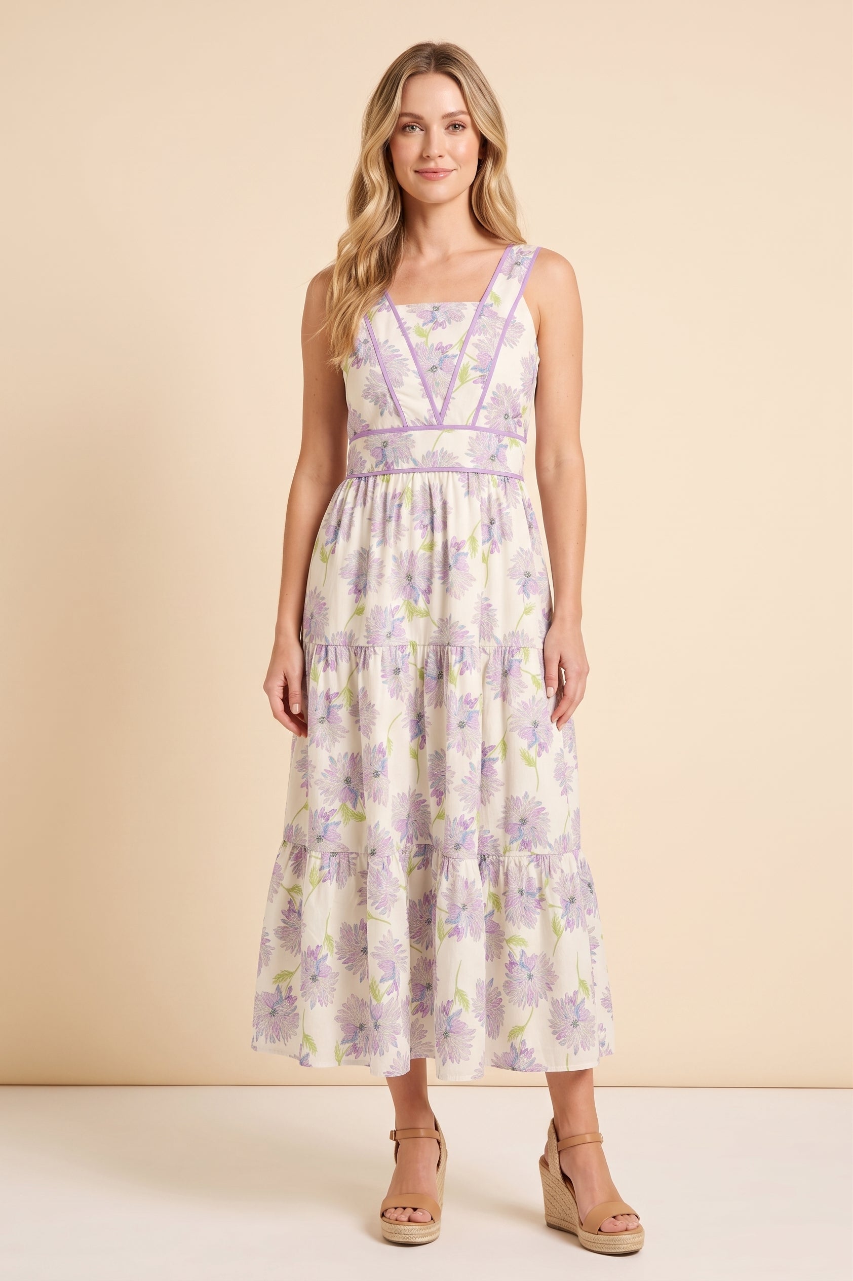 Contrast Piped Soft Floral Tank Dress