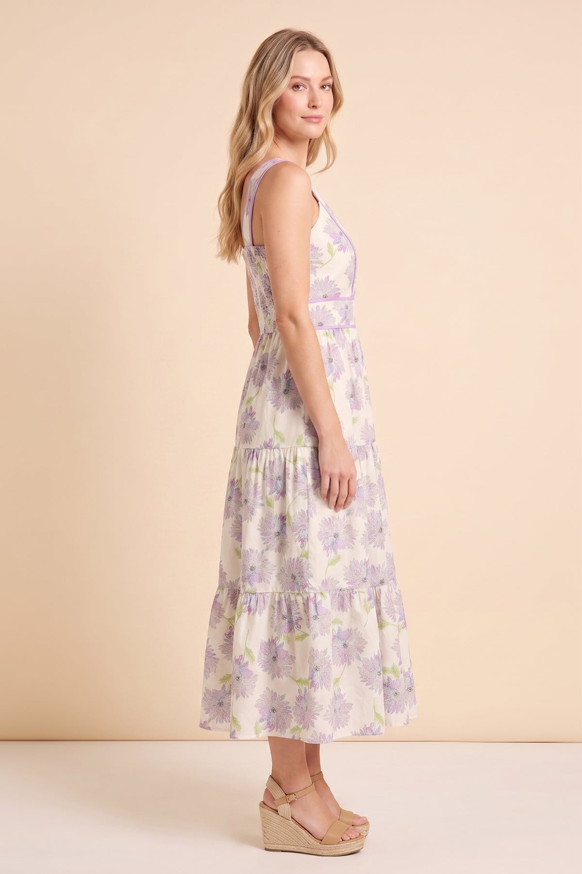 Contrast Piped Soft Floral Tank Dress