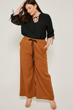 H6432 Camel Womens Linen Tie-Front Palazzo Pants Full Body