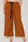 H6432 Camel Womens Linen Tie-Front Palazzo Pants Front
