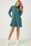 HDN4095 TEAL Womens Turtleneck Long Sleeve Brushed Knit Shift Dress Front