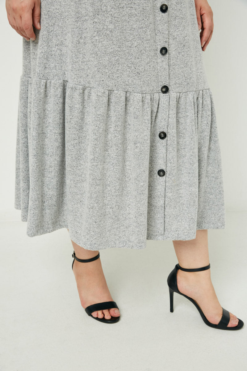 HJ3093 Heather Grey Womens Brushed Knit Button Down Skirt Detail