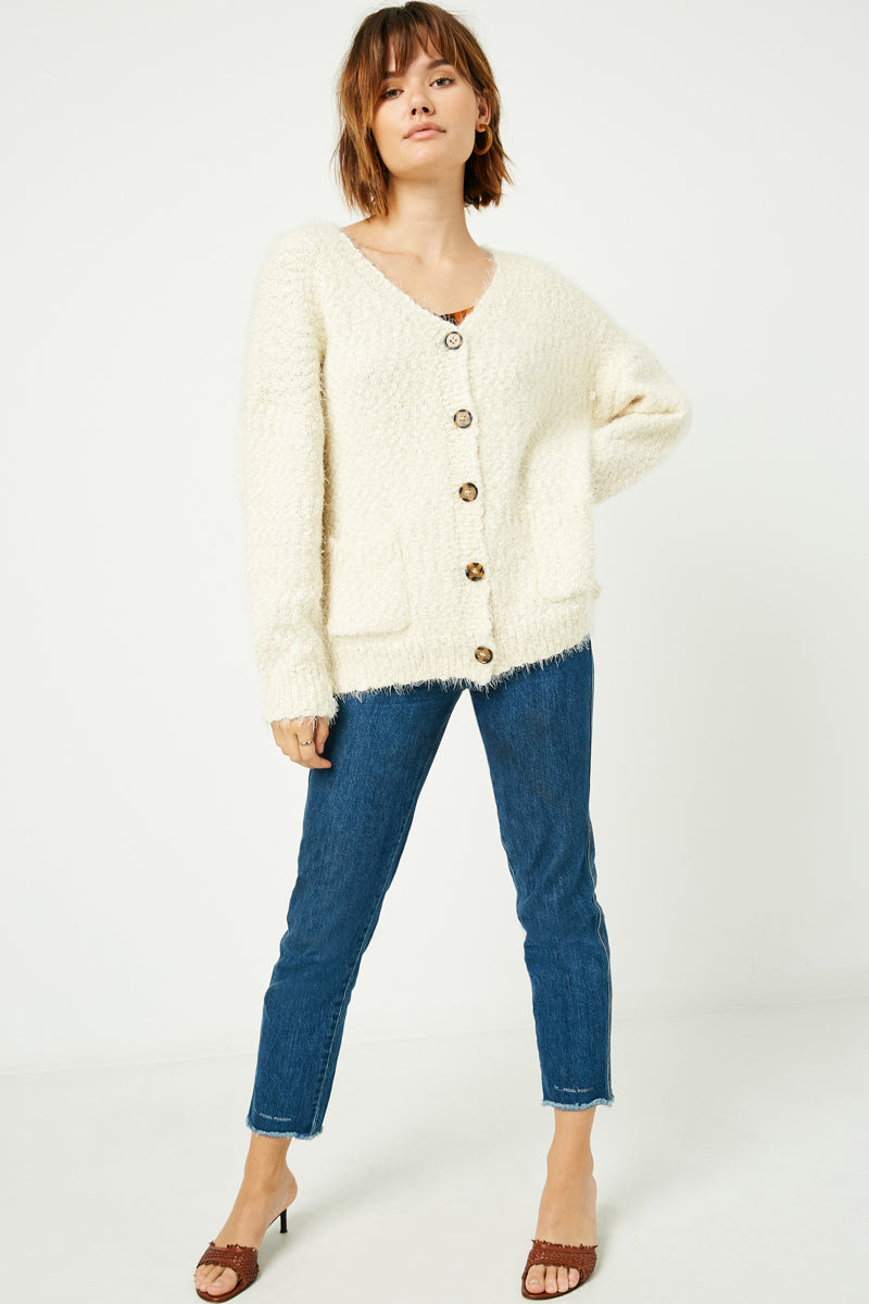 HJ3163W Cream Plus Fuzzy  Popcorn Sweater Knit Cardigan Pose