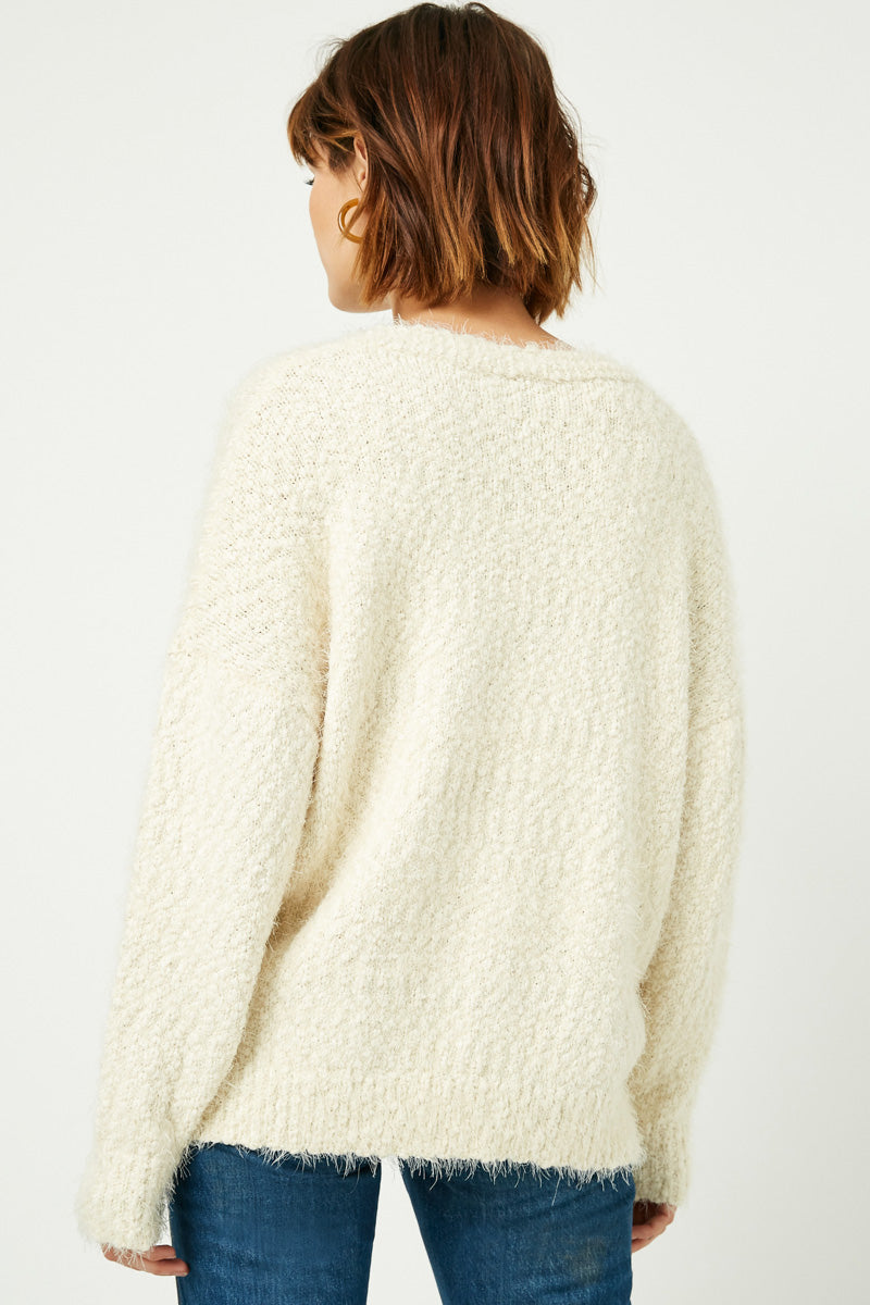 HJ3163W Cream Plus Fuzzy  Popcorn Sweater Knit Cardigan Back