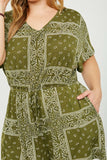 HJ3373 Olive Womens Bandana Print Pocket Knit Romper Full Body