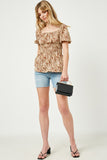 HJ3422W Leopard Plus Leopard Print Spaced Smocked Square Neck Top Detail