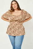 HJ3422 Leopard Womens Leopard Print Spaced Smocked Square Neck Top Full Body