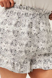 HK1026 Black Womens Printed Smocked Waist Ruffled Shorts Front
