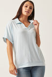 HK1062 Light Blue Womens Soft Knit Open Collar Dolman Sleeve Shirt Full Body