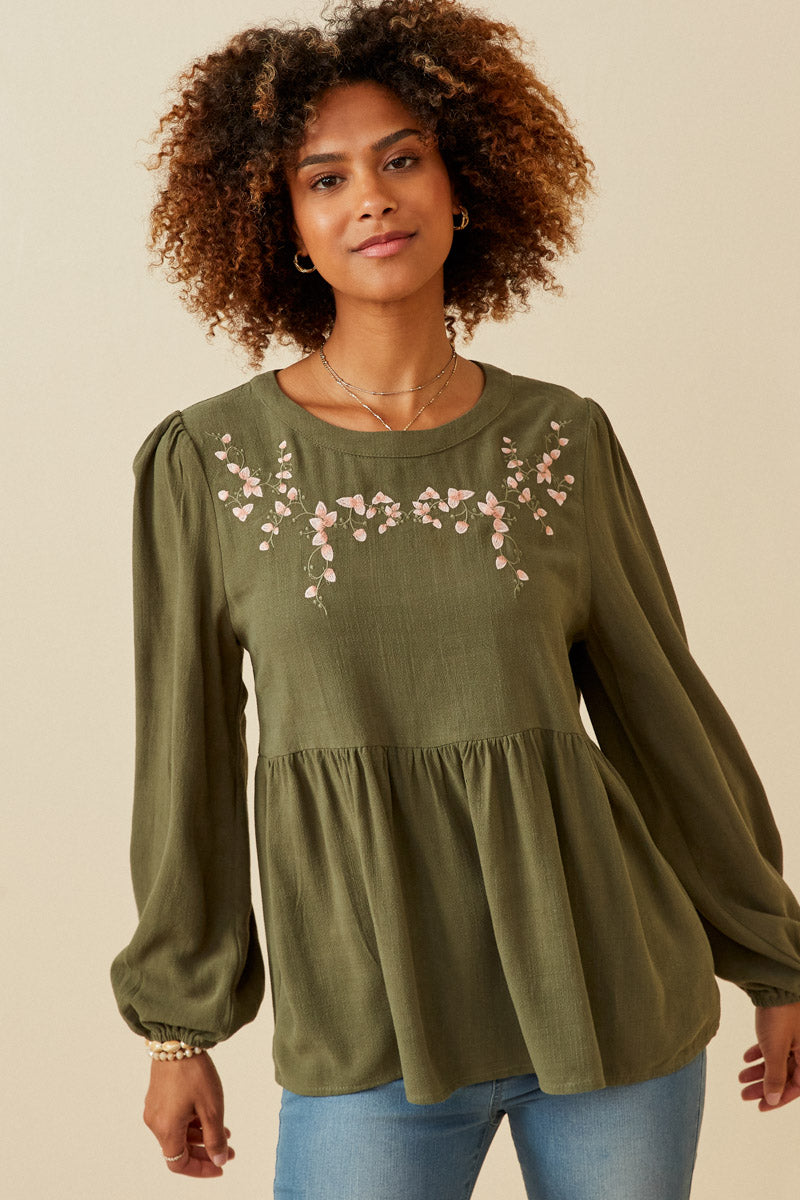 HK1449 OLIVE Womens Floral Embroidered Textured Peplum Top Front