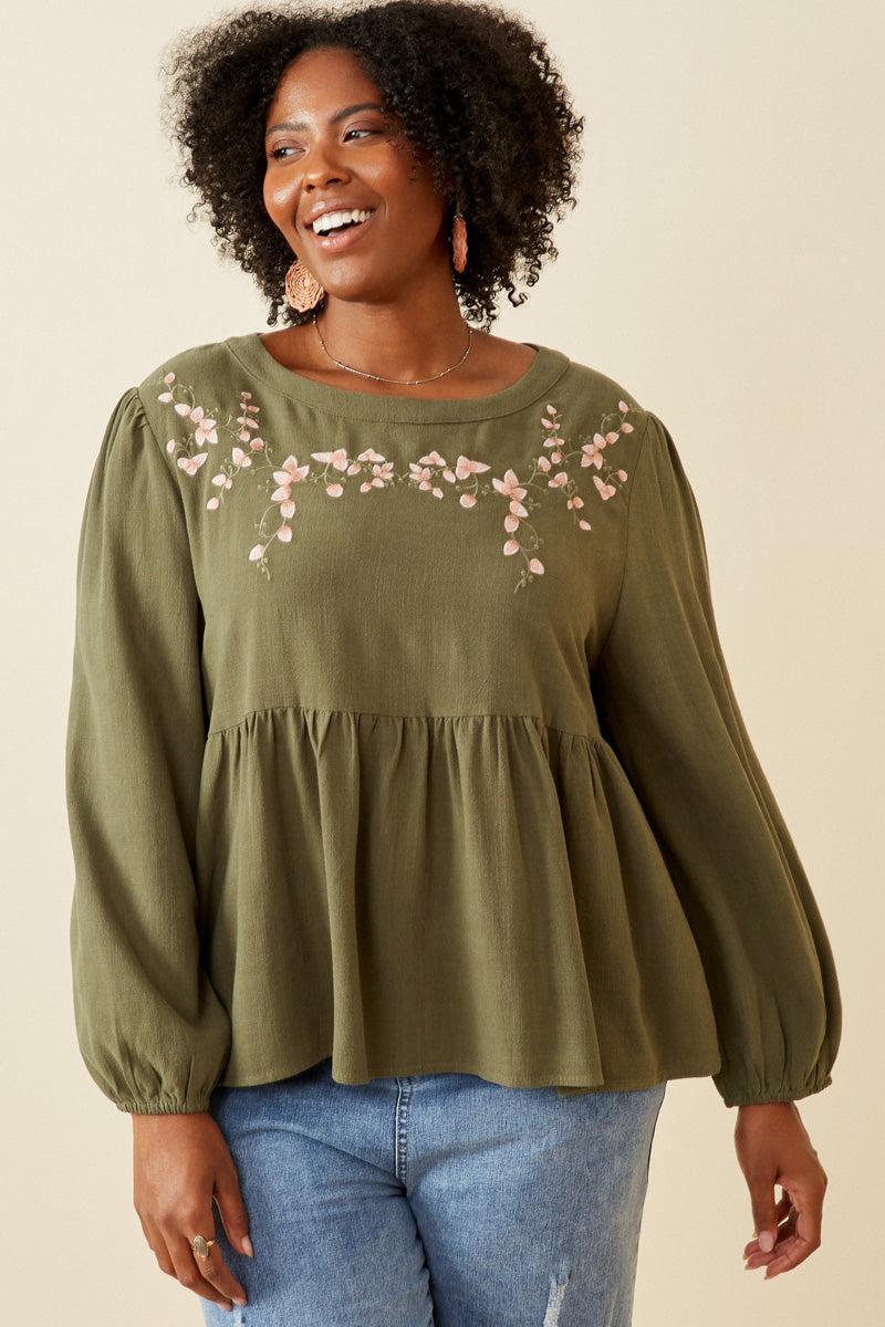 HK1449 OLIVE Womens Floral Embroidered Textured Peplum Top Detail