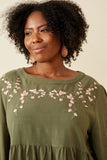 HK1449W Olive Plus Floral Embroidered Textured Peplum Top Detail