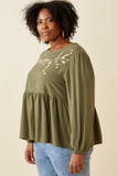 HK1449W Olive Plus Floral Embroidered Textured Peplum Top Side