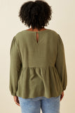 HK1449W Olive Plus Floral Embroidered Textured Peplum Top Back