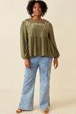 HK1449W Olive Plus Floral Embroidered Textured Peplum Top Full Body