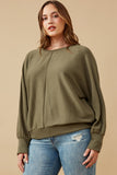 HK1468 Olive Womens Seam Detail Cuffed Knit Dolman Top Front