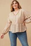 HK1550 BEIGE Womens Textured Stripe Dolman Cut Baby doll Button Up Top Front