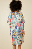 HK1830W Blue Mix Plus Vivid Floral Tassel Tie Chiffon Kimono Full Body