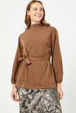HN4087 OLIVE Womens Mock Neck Belted Long Sleeve Knit Tunic Top Front