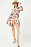 HN4118W RUST Womens Paisley Patchwork Print Smocked Dress Full Body