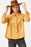 HN4223 STONE Womens Corduroy Button Up Peplum Shirt Front