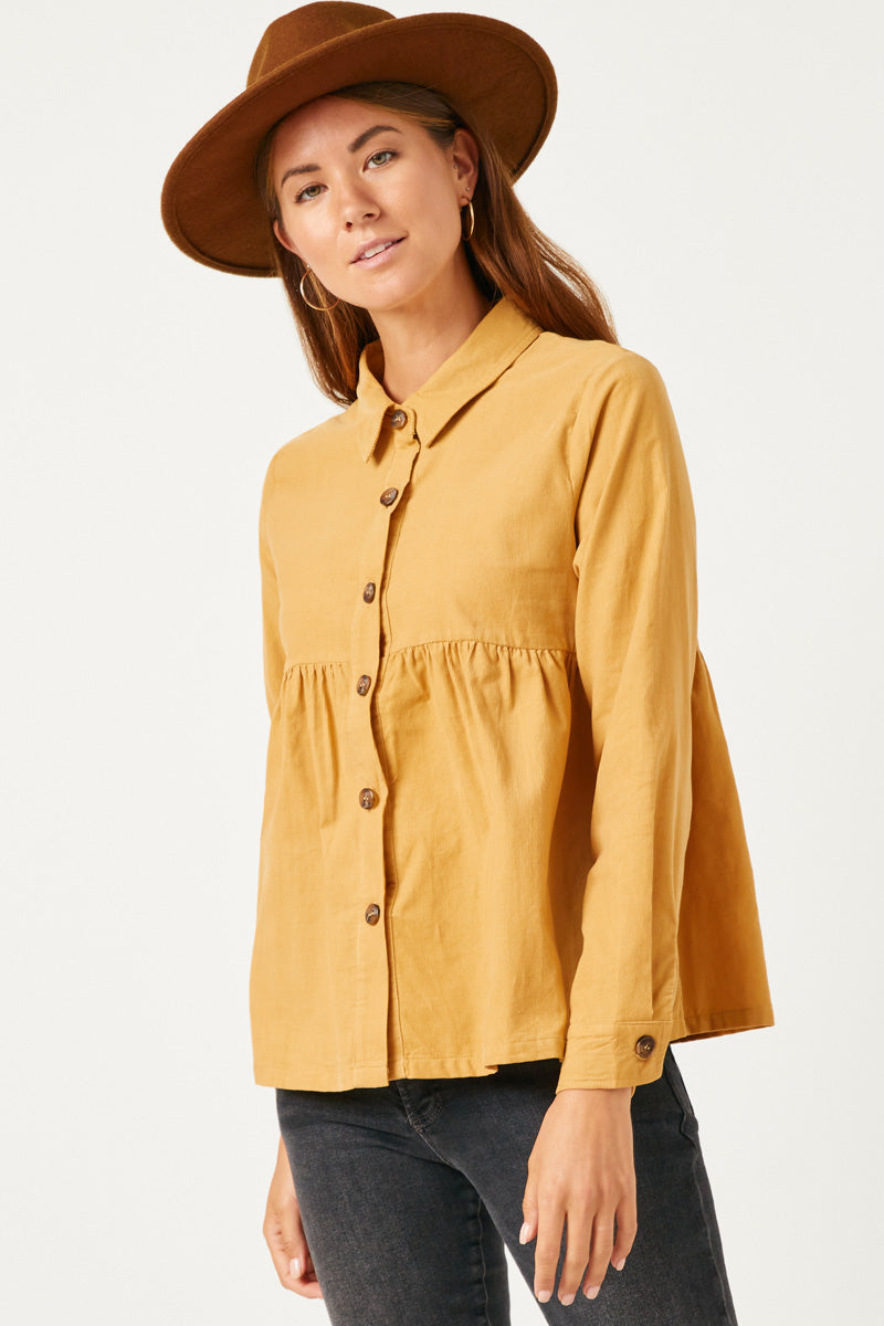 HN4223 STONE Womens Corduroy Button Up Peplum Shirt Detail