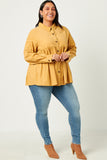 HN4223 MUSTARD Womens Corduroy Button Up Peplum Shirt Front