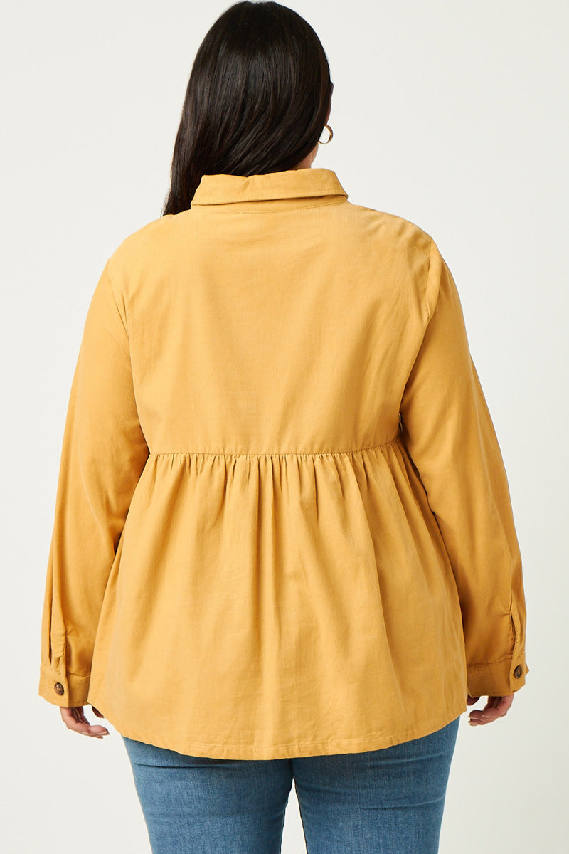 HN4223 MUSTARD Womens Corduroy Button Up Peplum Shirt Back