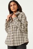 HN4239 BROWN Womens Textured Checker Side Pocket Shacket Front