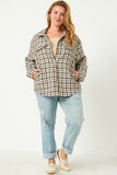 HN4239 BROWN Womens Textured Checker Side Pocket Shacket Side