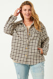 HN4239 BROWN Womens Textured Checker Side Pocket Shacket Full Body