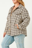 HN4239 BROWN Womens Textured Checker Side Pocket Shacket Detail