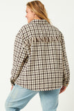 HN4239 BROWN Womens Textured Checker Side Pocket Shacket Back