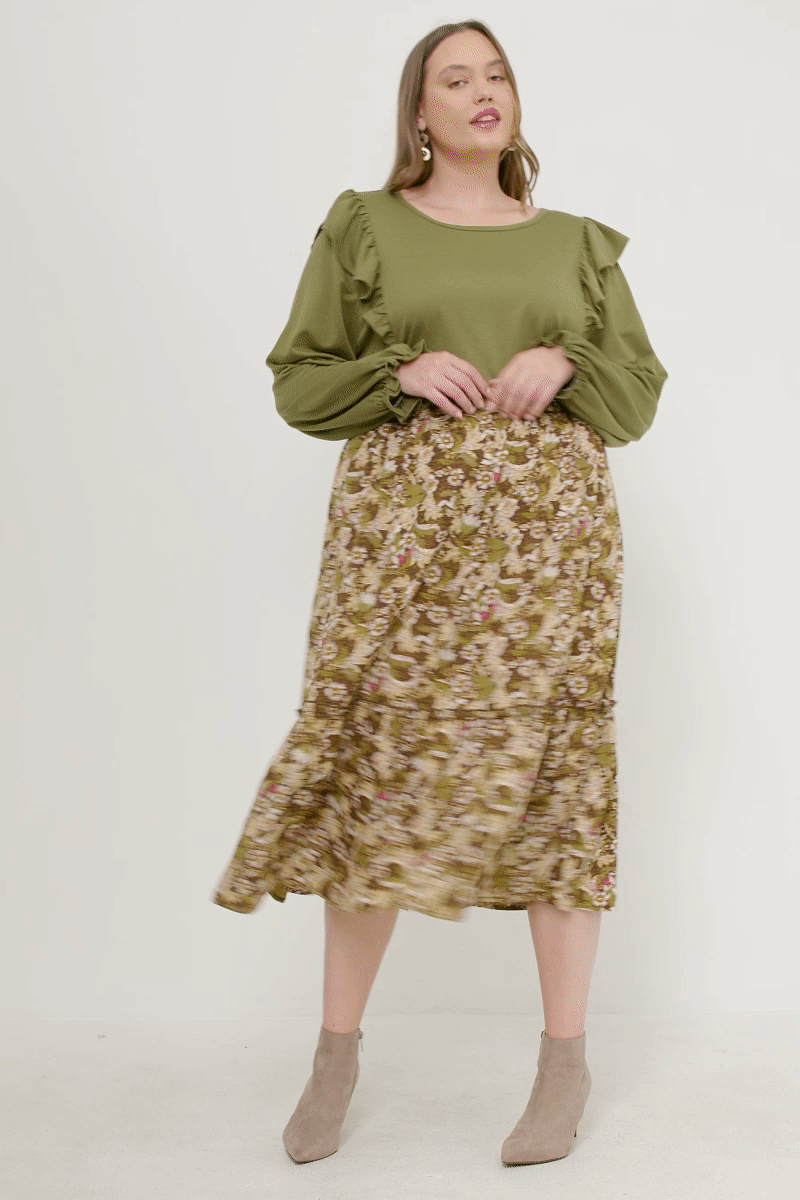 HN4455W Olive Plus Soft French Terry Cuffed Ruffled Long Sleeve Top Pose